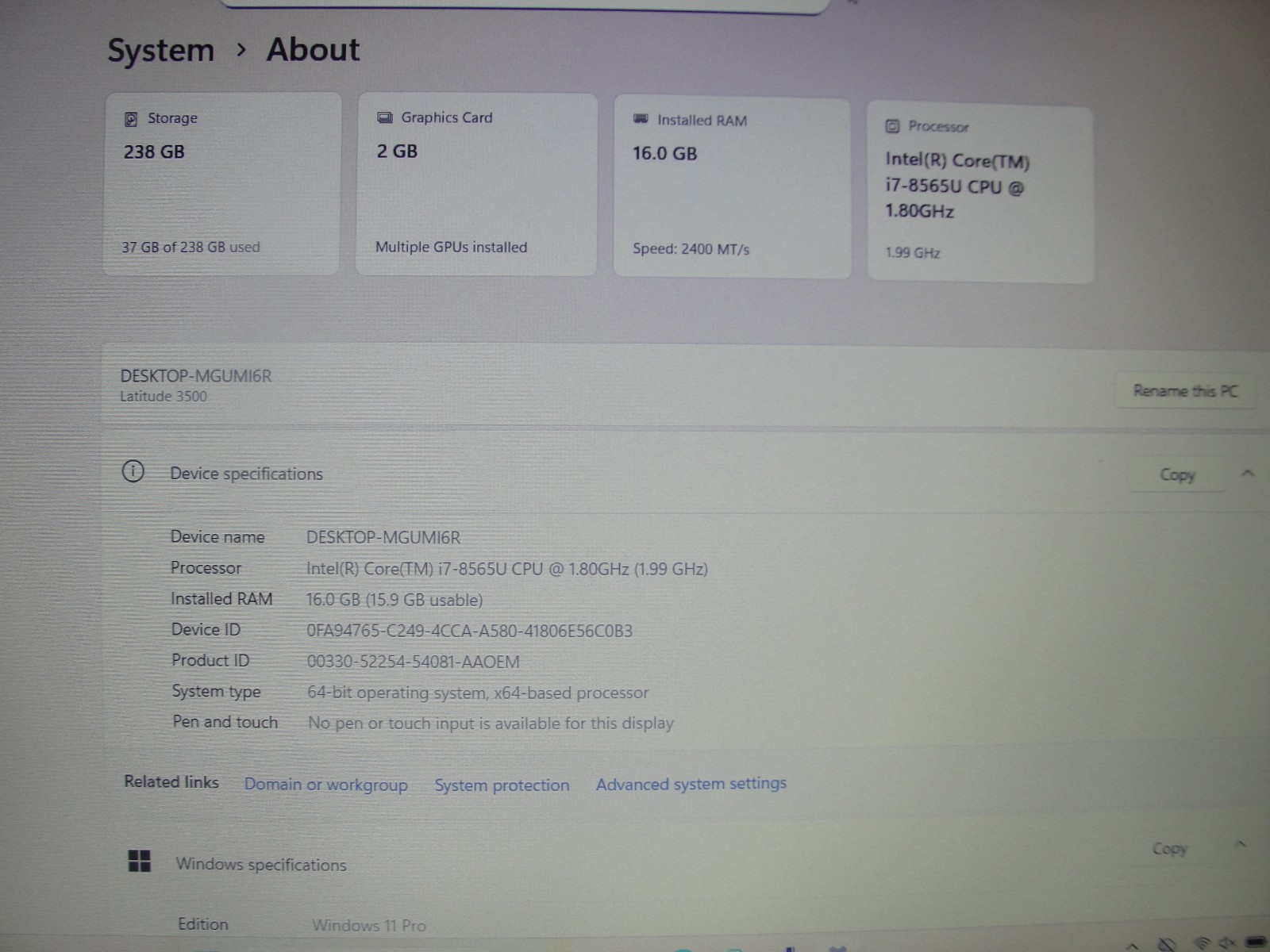 Dell Latitude 3500 15.6″FHD Intel Core i7-8565U 16GB RAM 256GB SSD NV MX130 +PA