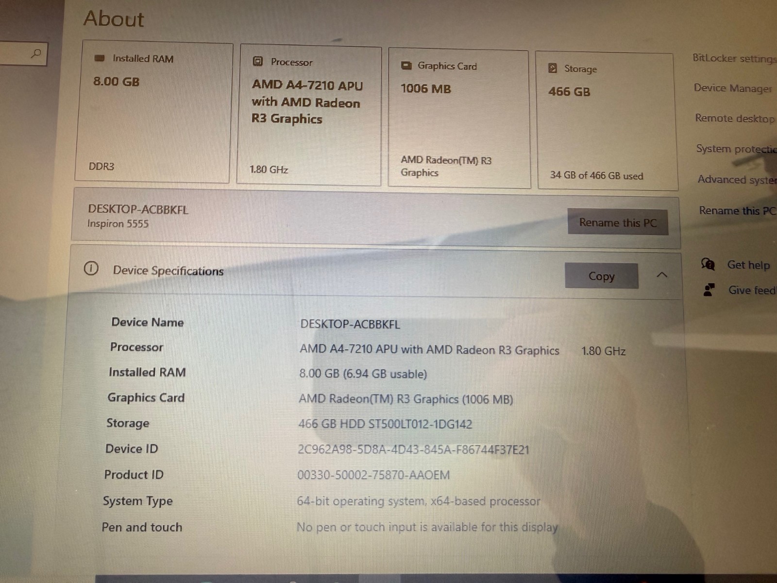 DELL INSPIRON 5555 LAPTOP 15.6″ LCD AMD A4-7210 1.80GHZ 8GB RAM 500GB HD *AS-IS*