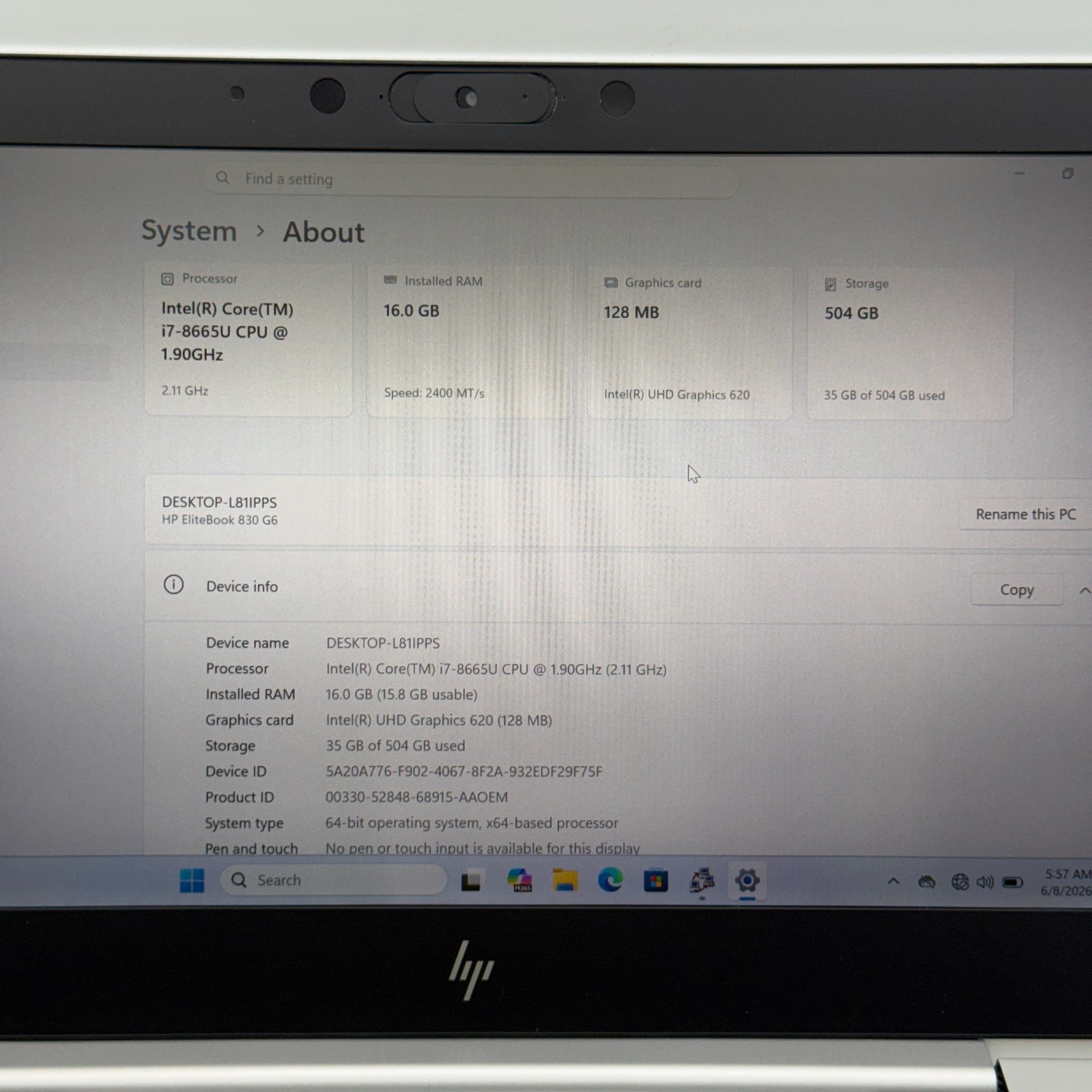 HP EliteBook 830 G6 Intel Core i7-8665U @1.90Ghz 16GB RAM 512GB SSD W11Pro 100%