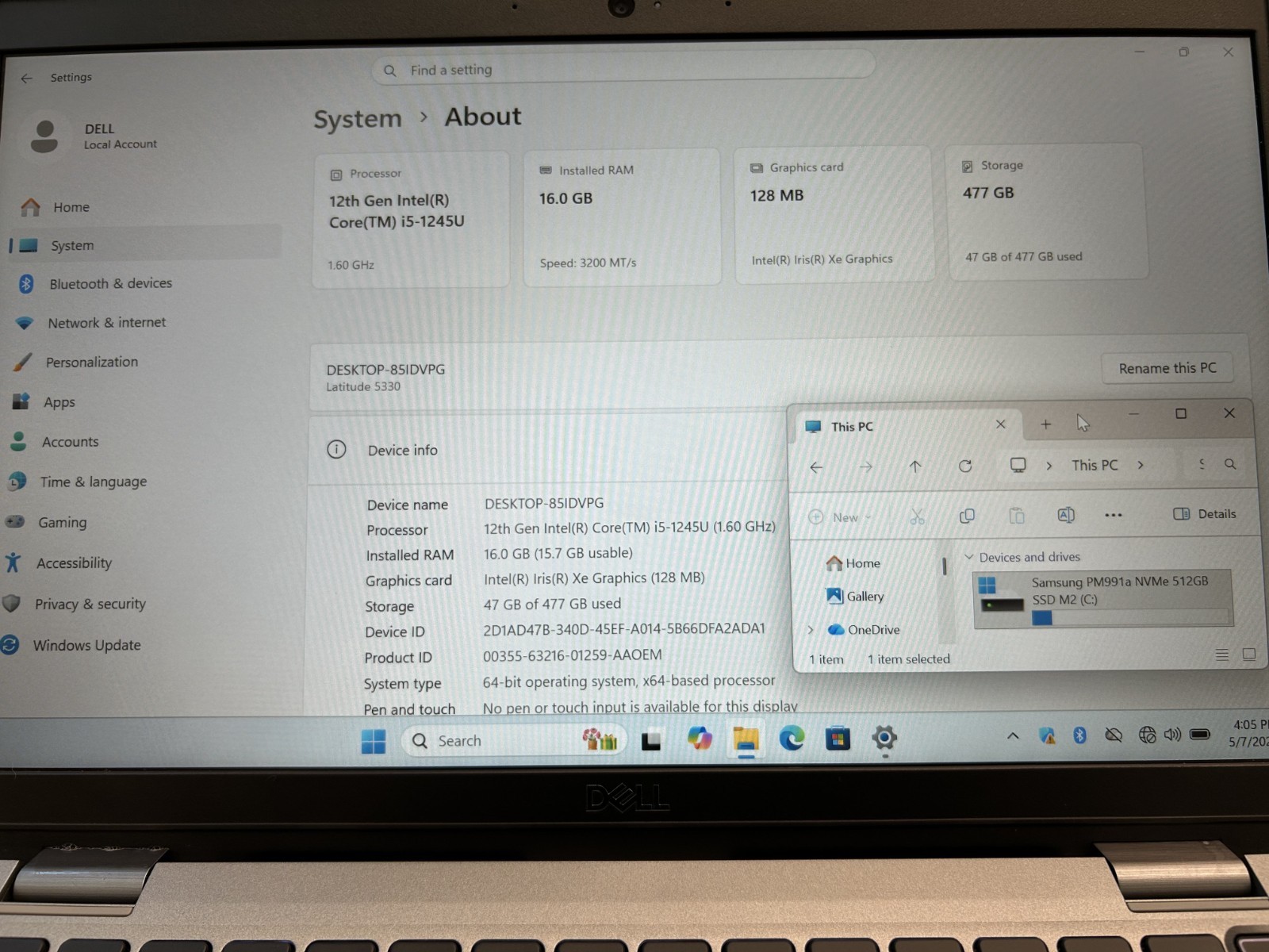 Laptop Dell Latitude 5330 12.5″ Core i5-1245G @1.60Ghz 512GB SSD 16GB RAM Win 11