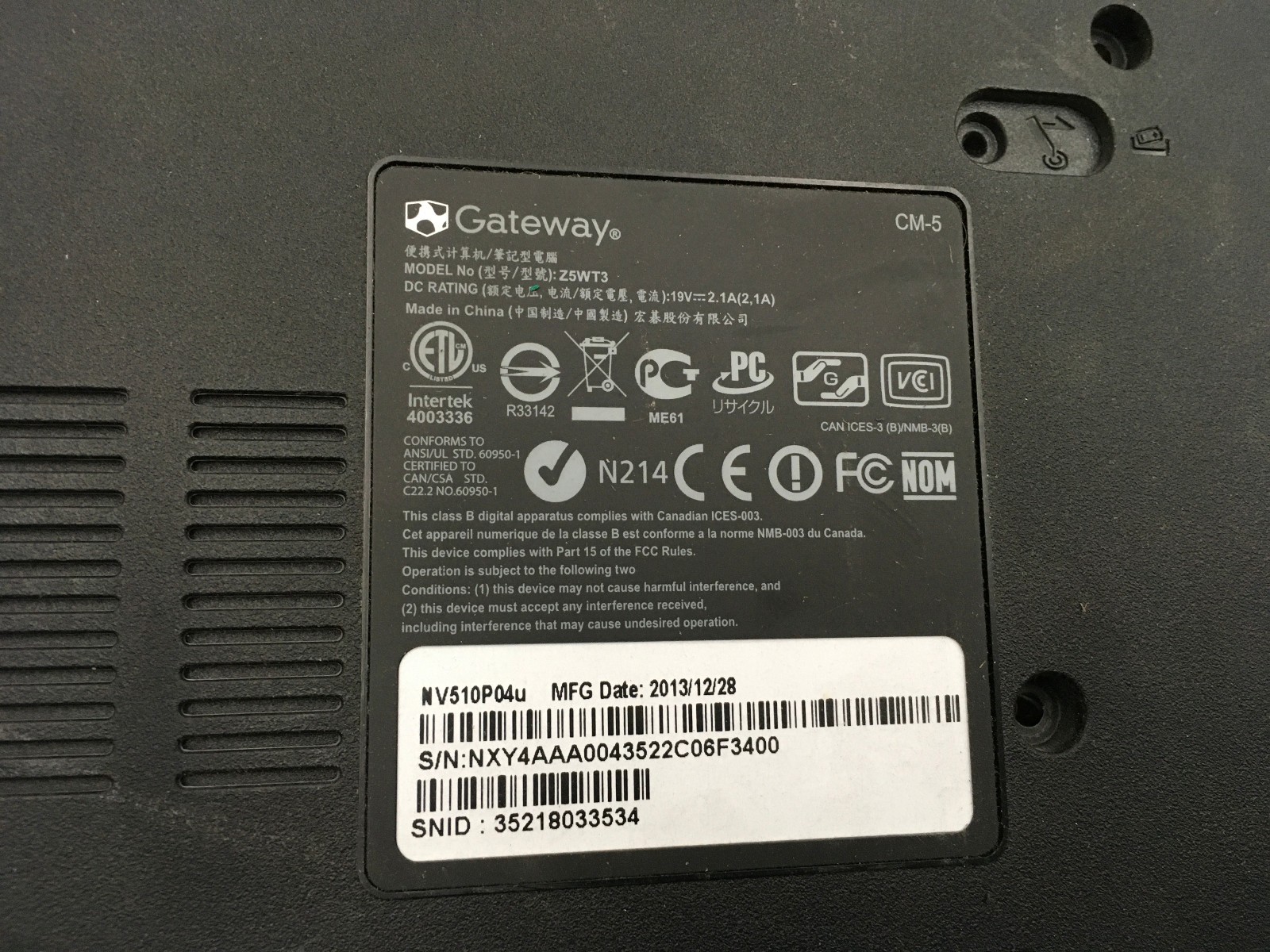 GATEWAY NV510P04U – FOR PARTS – INTEL PENTIUM N3520 – 4GB RAM – 15″ – READ – BB