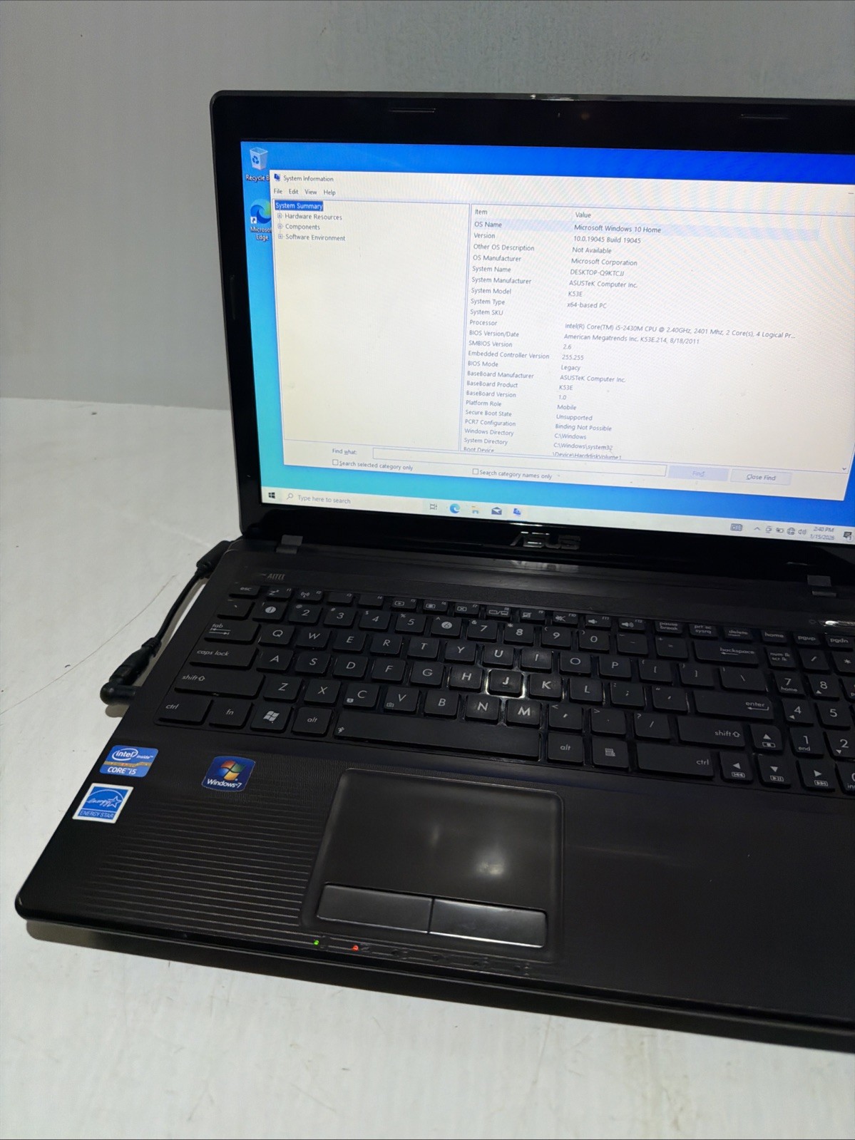 Asus K53E 15″ Laptop i5-2430m 4gb Ram 256gb SSD Windows 10 Home