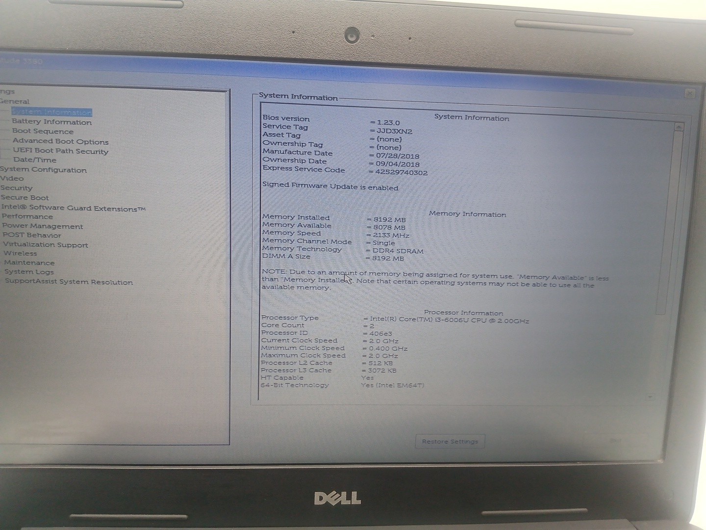 Dell Latitude 3380 13.3” Core i3-6006U 2.00Ghz 8GB RAM 128GB SSD Win 11Pro