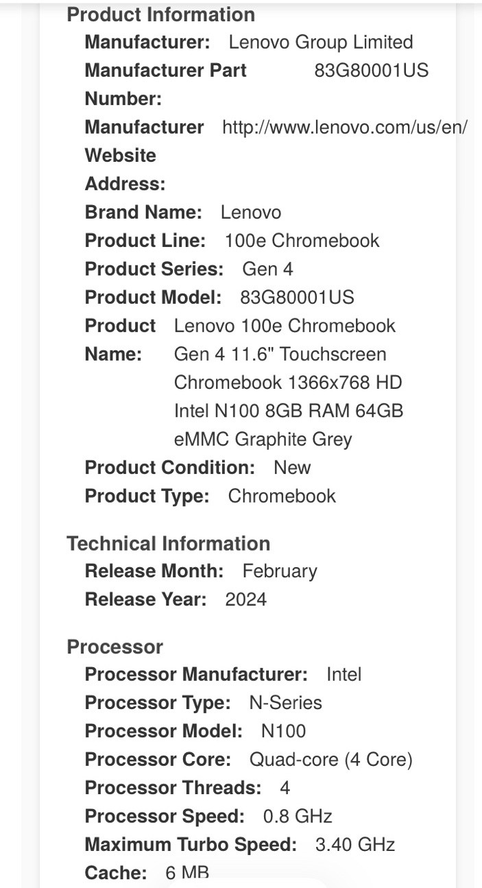 Lenovo 100e Chromebook Gen 4 11.6″ Touchscreen HD Intel N100 8GB 64GB eMMc Grey
