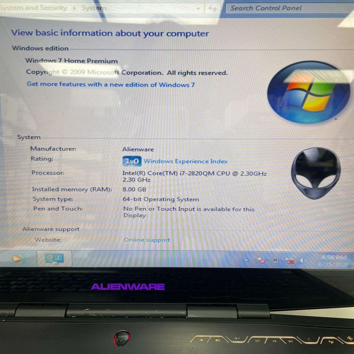 Alienware M18 18.4 i7-2820QM 2.3GHz 8GB RAM 500GB SSD