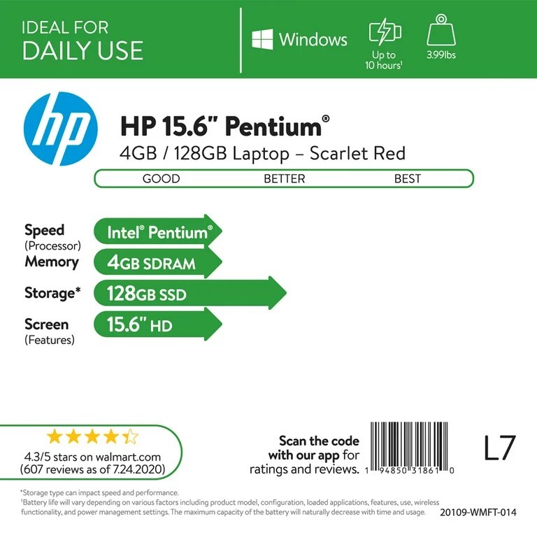 HP 15-dw1081wm 15.6″ (Intel Pentium Gold 6405U, 2.4GHz, 4GB RAM, 500GB HDD)…