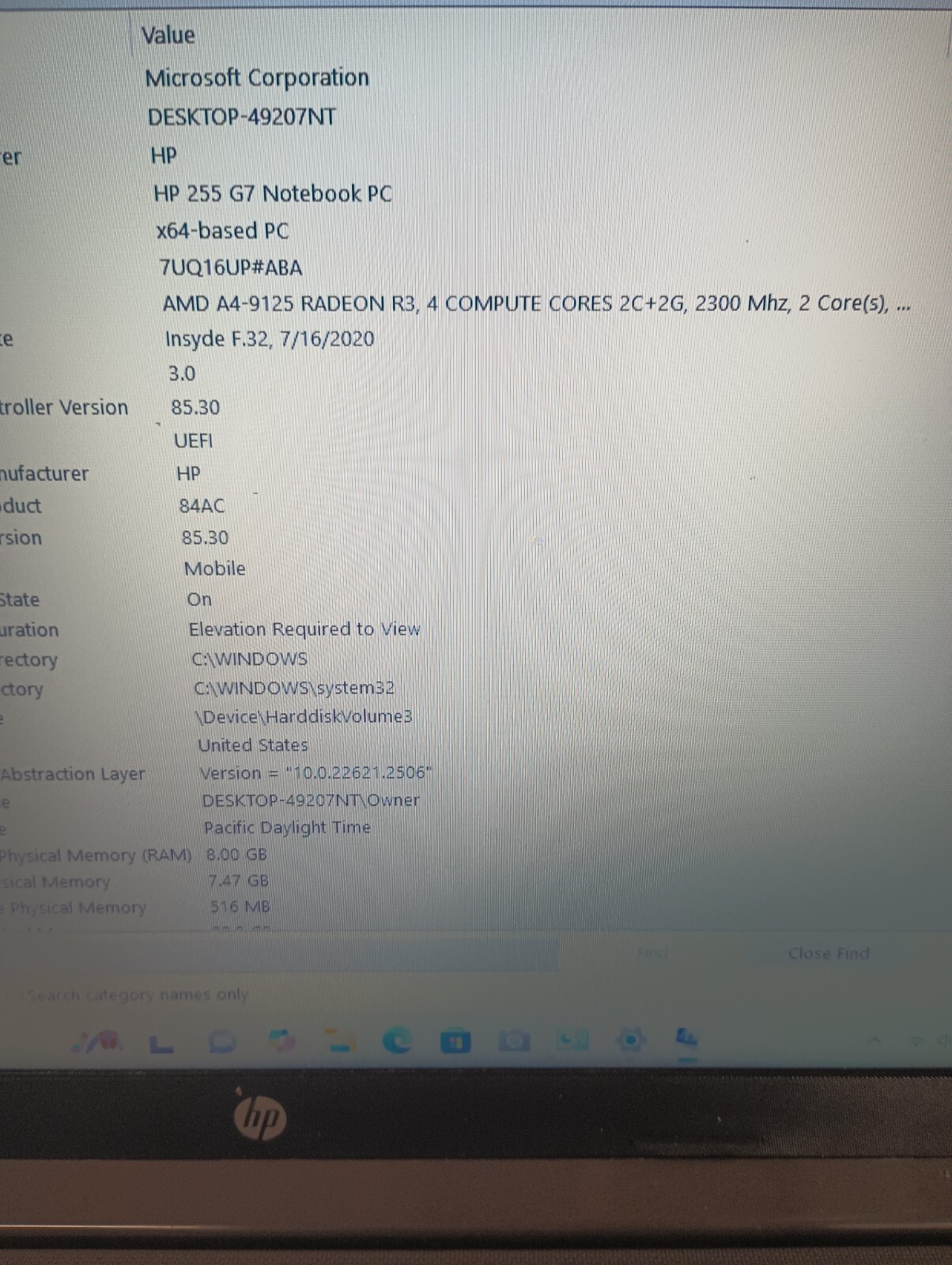 10211 HP 255 G7 w/charger.Radeon R3.8GB.128GB M.2.15.6″.Radeon Graphics.W11 Pro