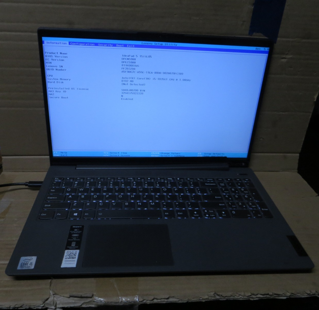 Lenovo IdeaPad 5 15IIL05 15.6in i5-1035G1 8GB for Parts or Repair