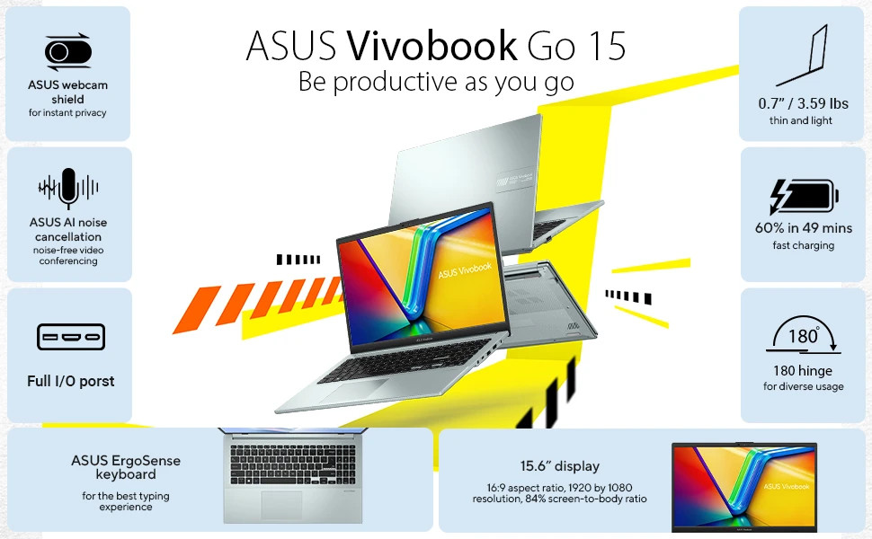 ASUS Vivobook Go 15.6″ FHD IPS Notebook Intel N150 4GB RAM 128GB UFS Green Gray