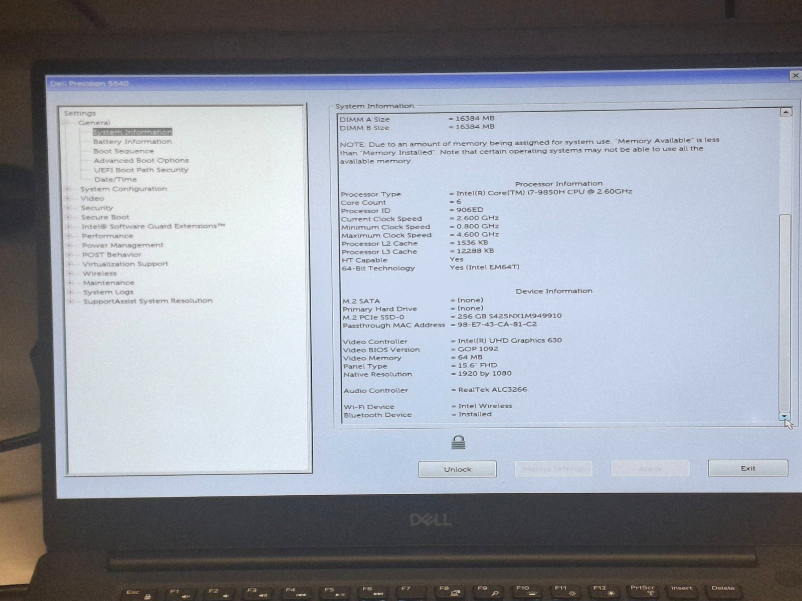Dell Precision 5540 Intel Core i7-9850H NVIDIA Quadro T1000 32GB 256GB SSD W11P