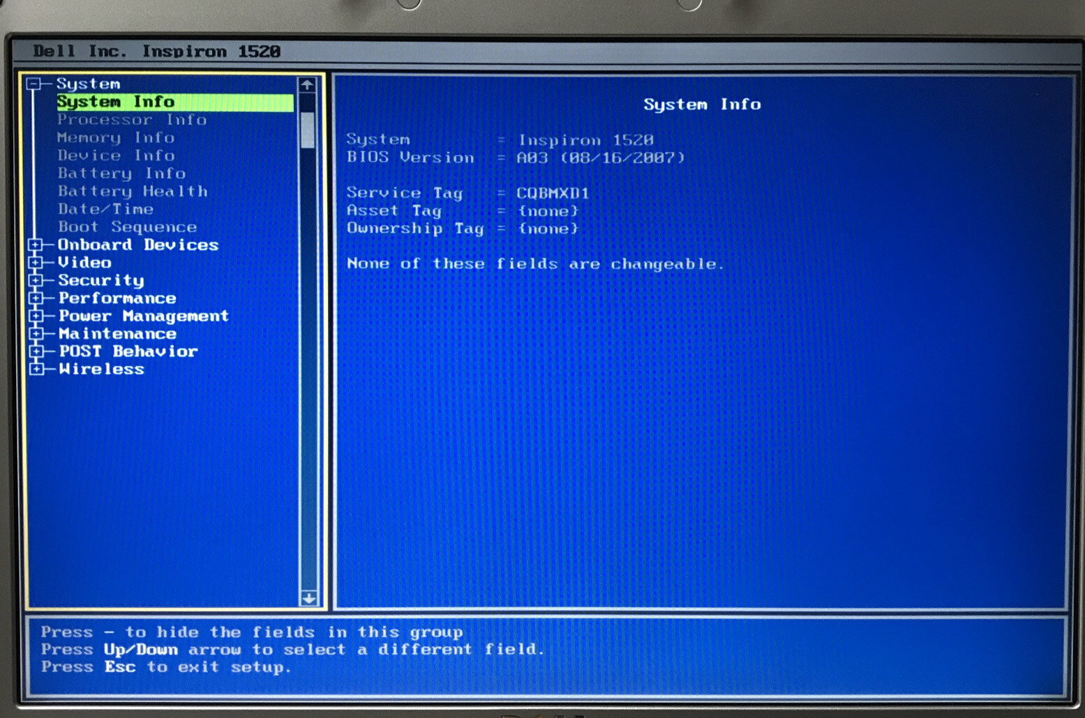 Dell Inspiron 1520 Intel Core 2 Duo @ 1.46 GHz 512 MB No HDD Boot to BIOS