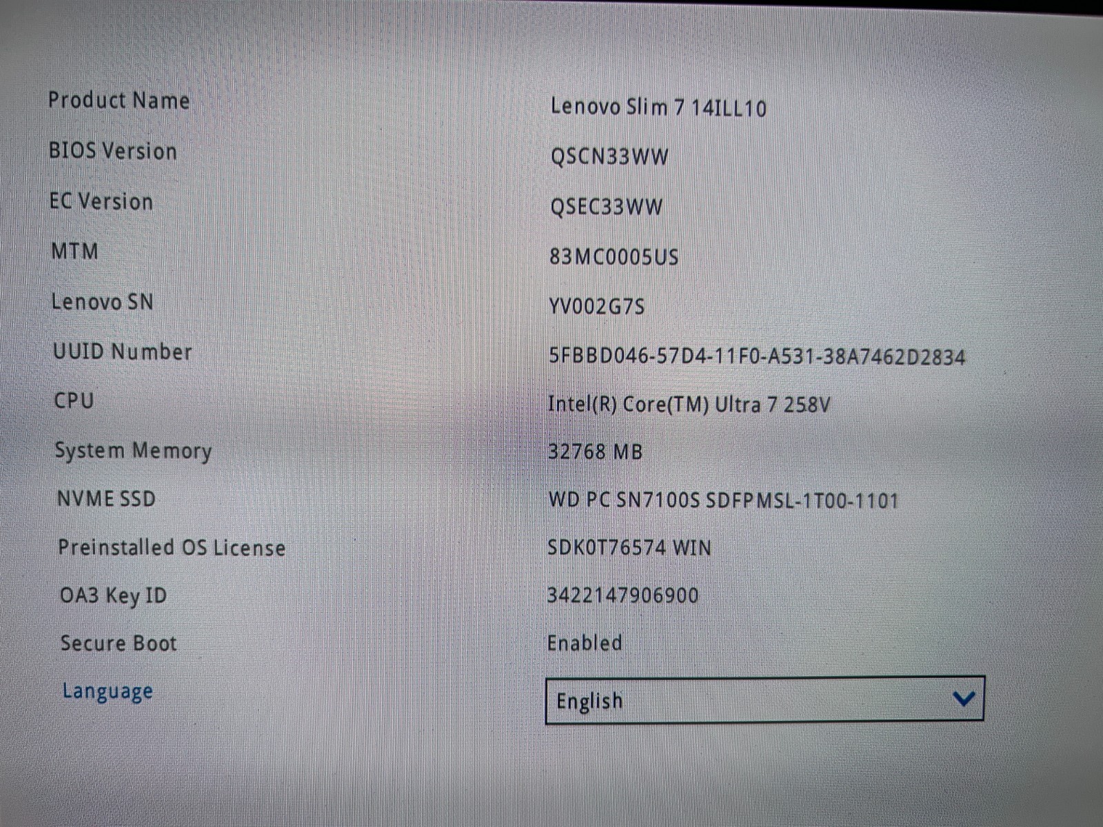 Lenovo Slim 7 14ILL10, Intel Core Ultra 7 258V, 2.20 GHz, 32 GB RAM, 1 TB NVMe