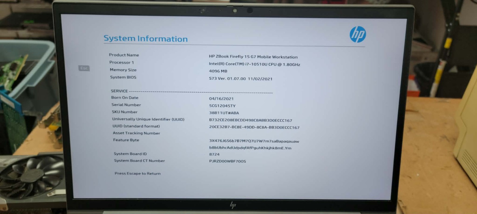 HP ZBook Firefly 15 G7 Mobile Workstation i7-10510U@1.8GHz 4GB No SSD/OS Works