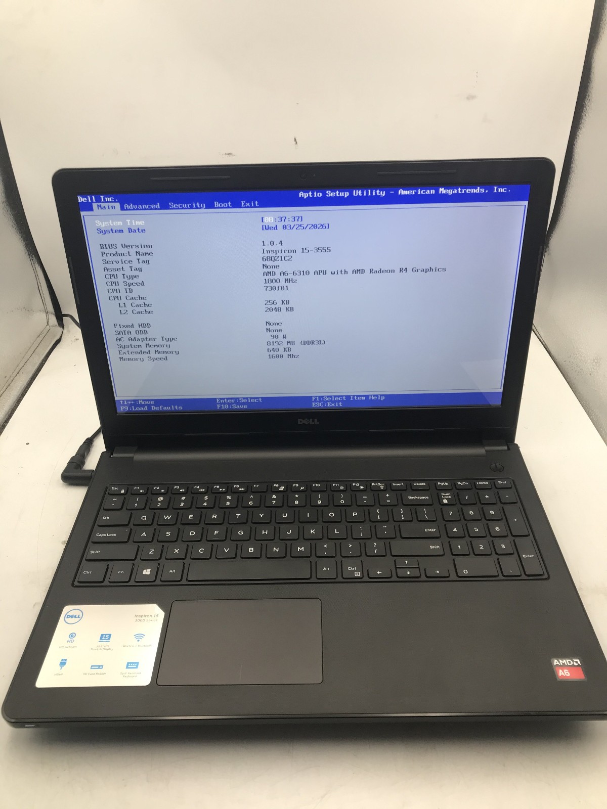 DELL INSPIRON 15 3555 – BOOTS TO BIOS – AMD A6 6310U – 2GB RAM – READ DESC – BB
