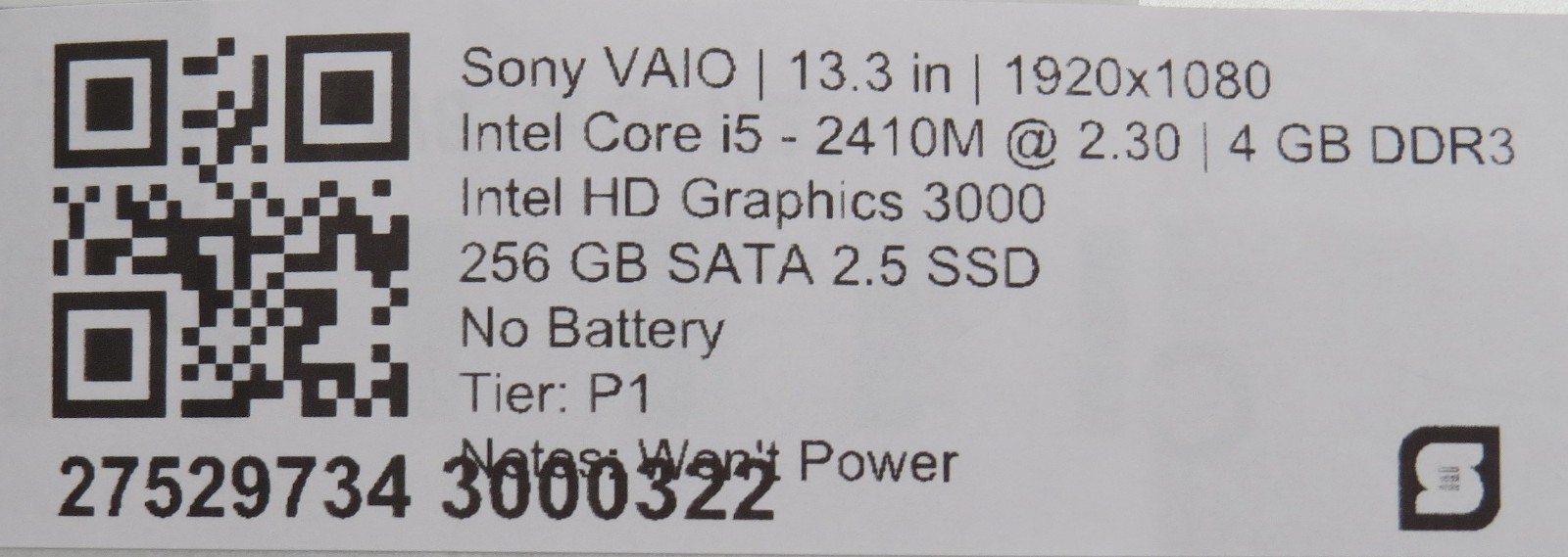 Sony Vaio i5-2410m @ 2.3GHz 4GB DDR3 256GB SSD 13.3″ No OS/AC/Battery