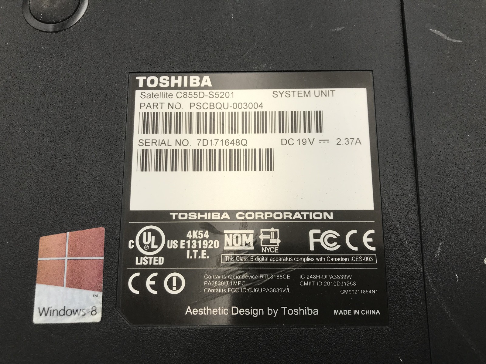 TOSHIBA SATELLITE C855D S5201 – BOOTS TO BIOS – AMD E1 1200 – 8GB RAM – READ -BB
