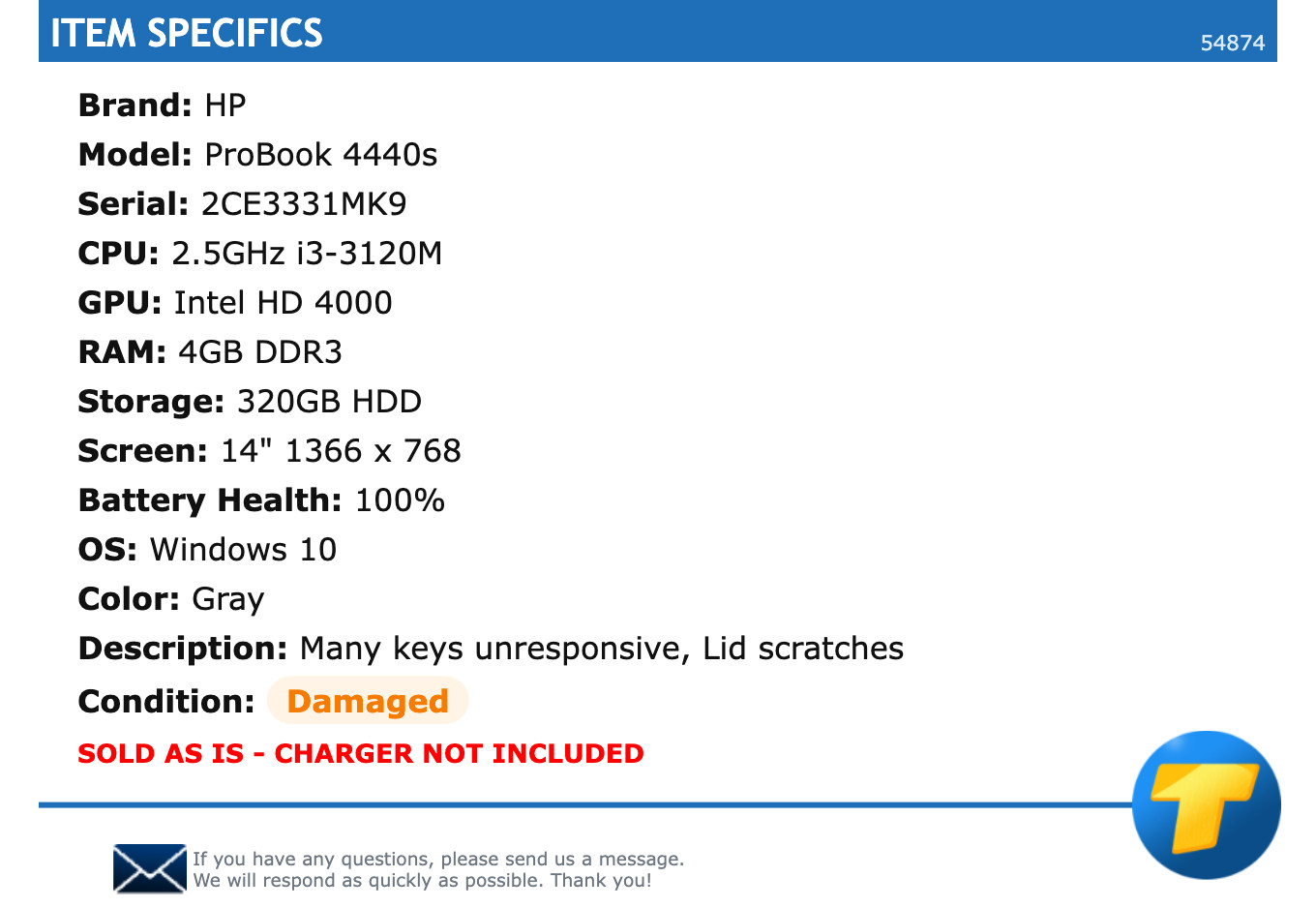 HP ProBook 4440s – 14″ HD, 2.5GHz i3, 4GB RAM, 320GB HDD, Windows 10