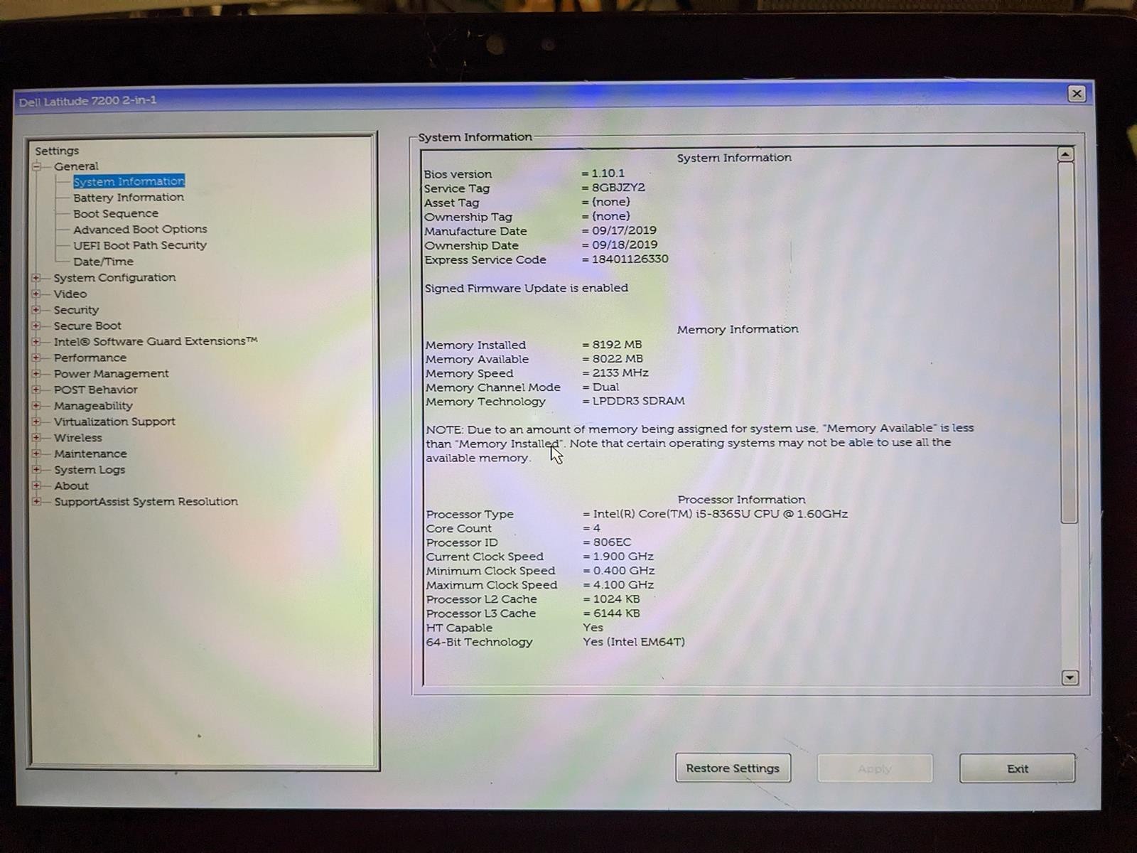 DELL LATITUDE 7200 2-IN-1 i5-8365U @ 1.60GHz, 8GB RAM, NO HDD/OS – (FOR PARTS)