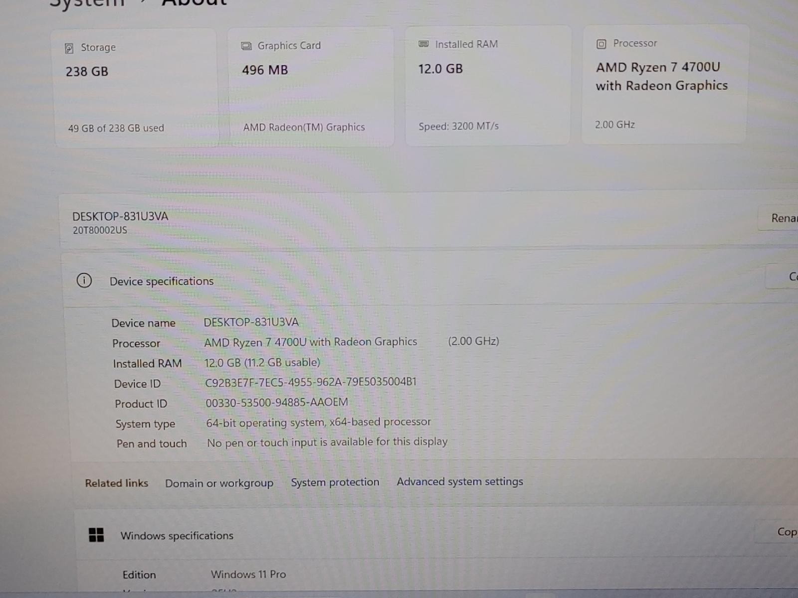 Lenovo ThinkPad E15 Gen 2 15.6″ AMD Ryzen 7 4700U 12GB 256GB Win11Pro *NO A/C*