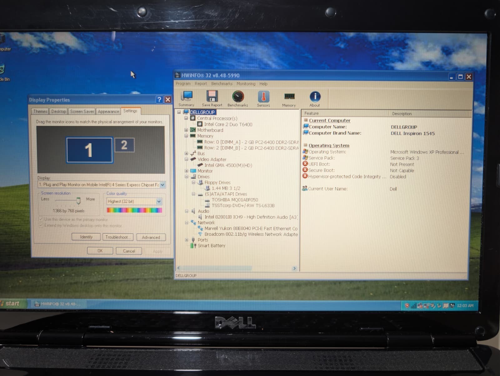 15″ Dell Inspiron 1545 | C2D T6400 4GB RAM 500GB HD | Win XP Pro 32-Bit DVD+RW