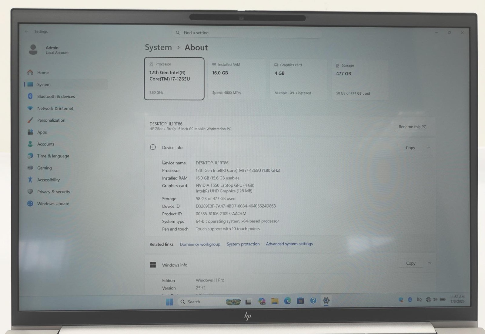 HP ZBOOK Firefly G9 Mobile WS 16″ Core i7-1265U 1.8GHz 16GB 512GB SSD