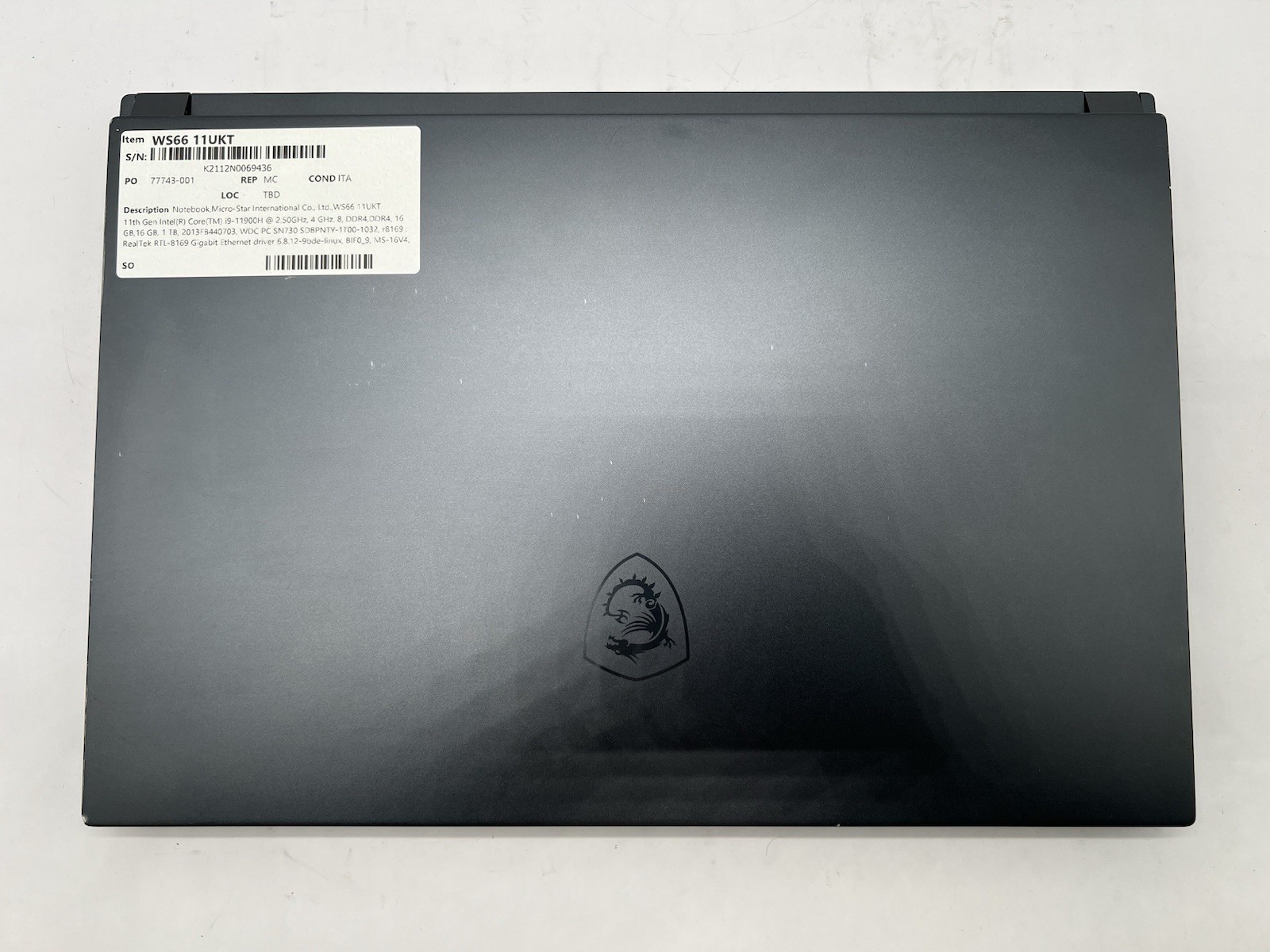 MSI WS66 11UKT Laptop, i9-11900H. @ 2.50GHz, 32GB RAM, 1TB NVMe-No OS/Charger