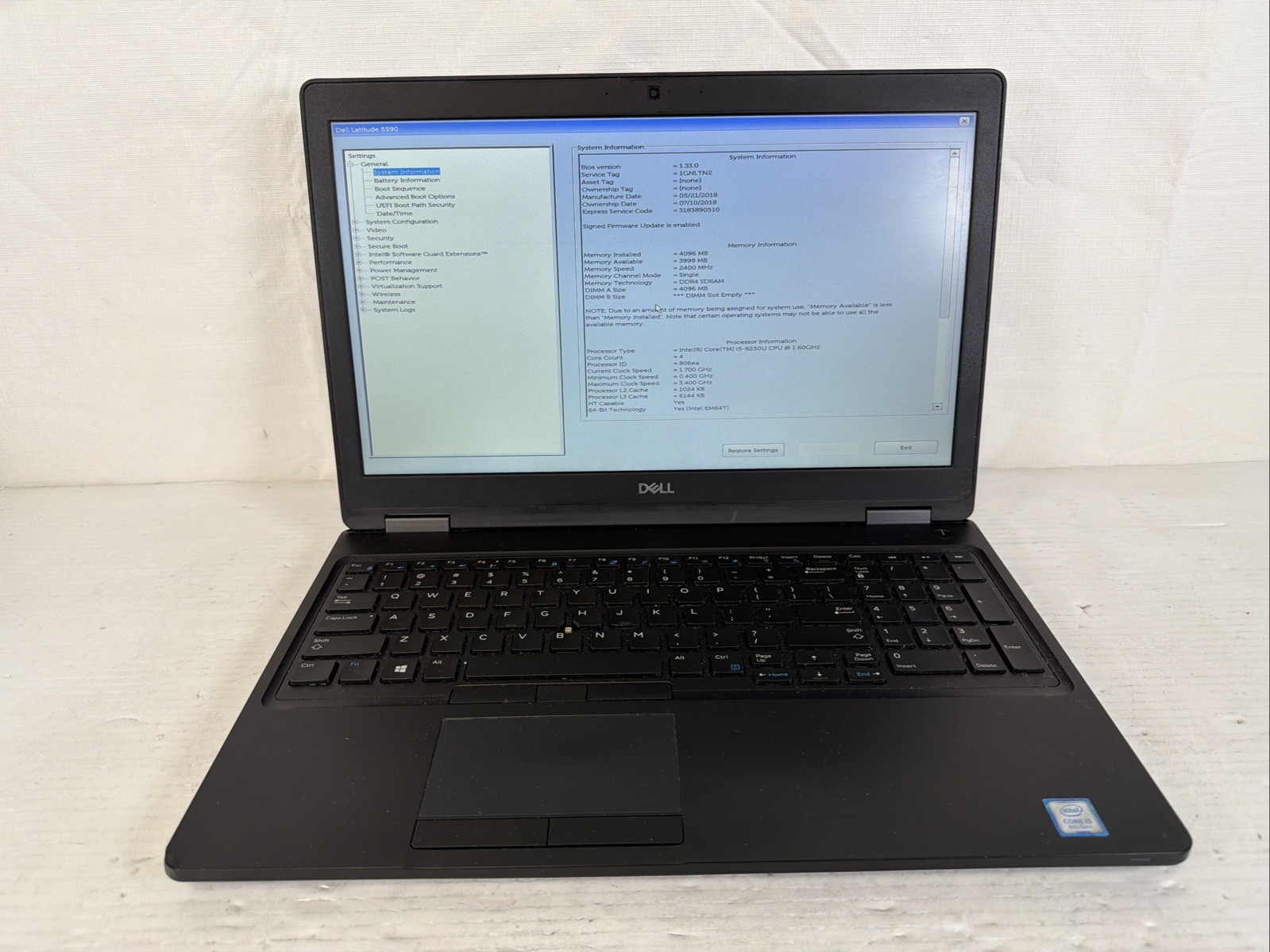 DELL LATITUDE 5590 INTEL CORE I5-8250U 1.60GHZ 4GB RAM NO SSD-Excellent Battery