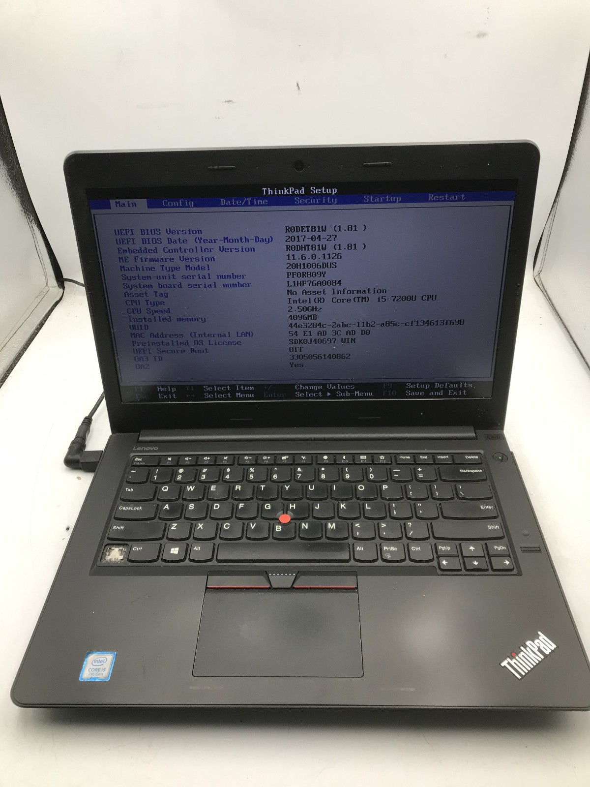 LENOVO THINKPAD E470 – BOOTS TO BIOS – INTEL I5 7TH GEN – NO RAM – READ DESC -BB