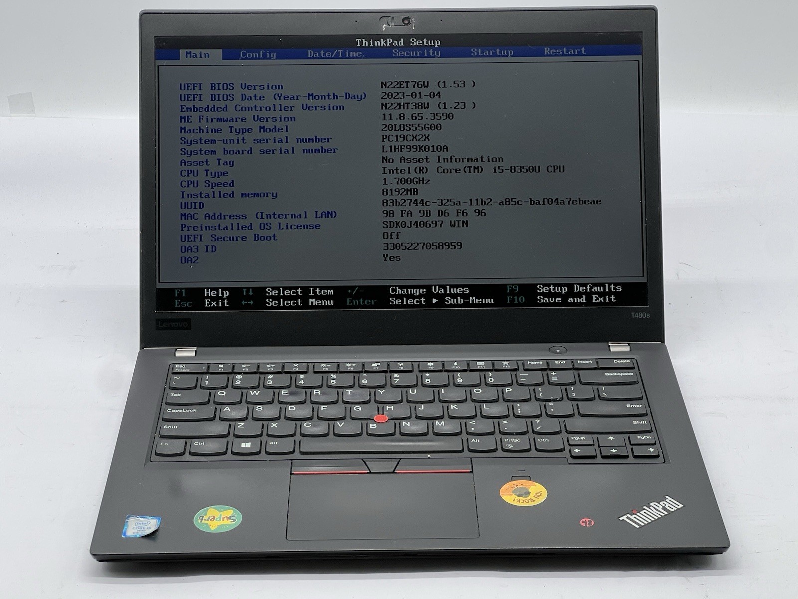 Lenovo ThinkPad T480s, i5-8350U CPU, @ 1.70GHz, 8GB RAM-No HDD/OS/Charger