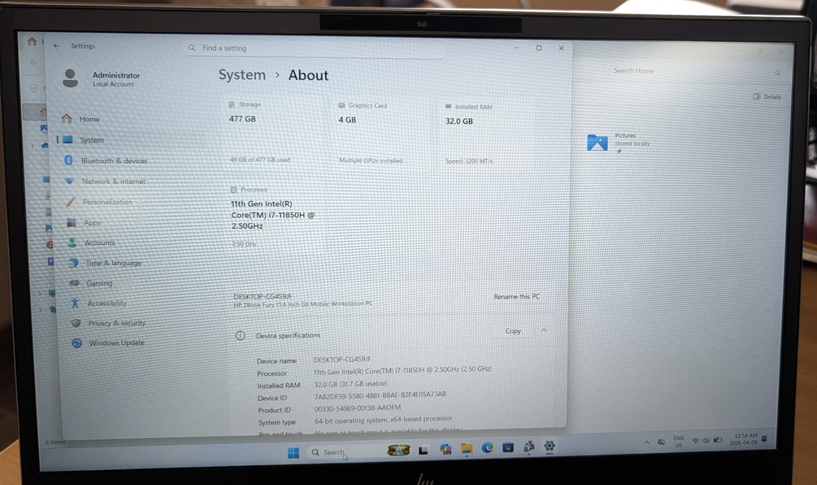 HP Zbook Fury 15 G8, Core i7-11850H , 32GB RAM, 512GB NVMe, RTX A2000, Win 11 Pr