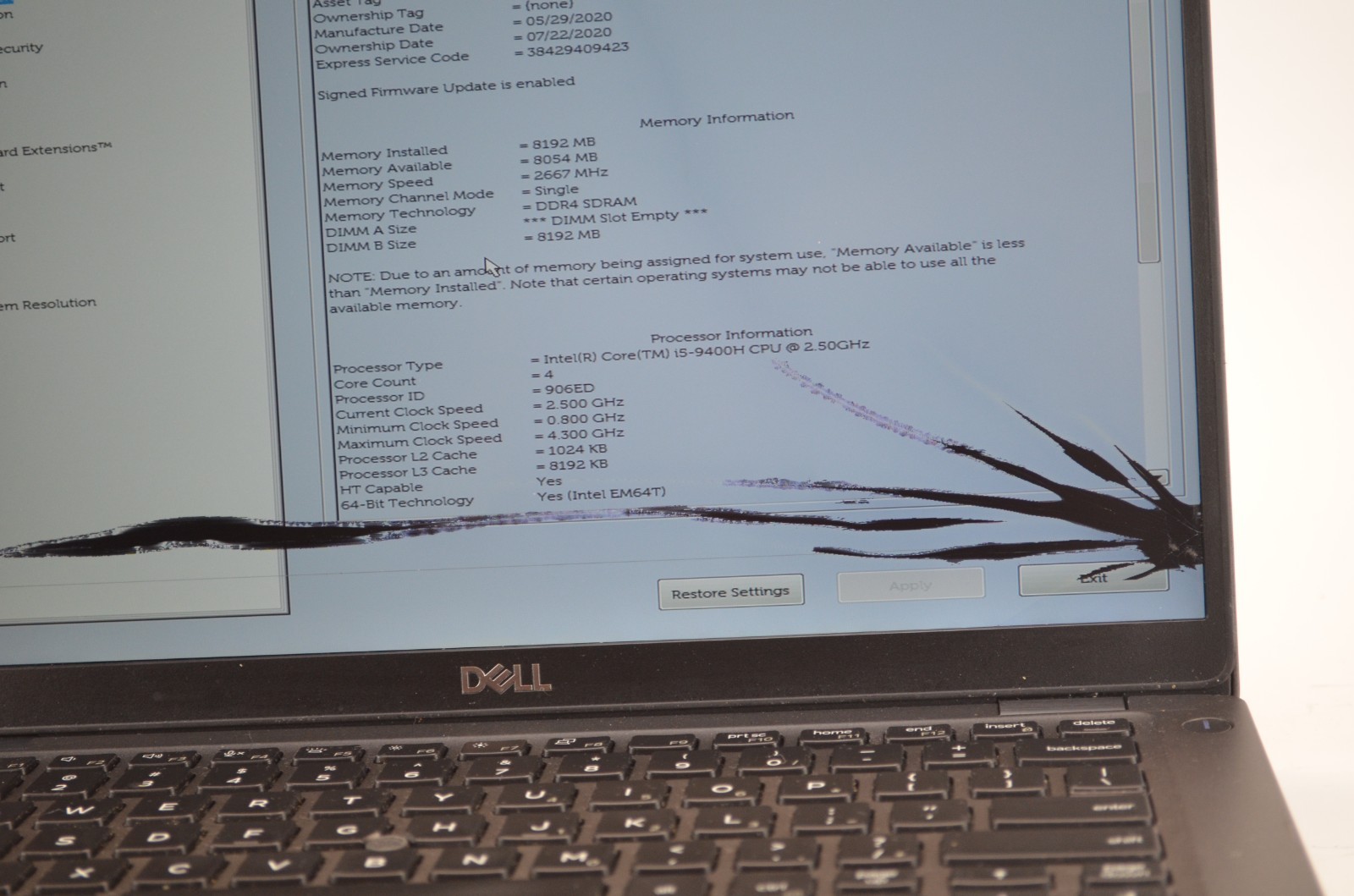 Dell Latitude 5401 14″ FHD i5-9400H 8GB RAM Cracked Screen No SSD No Charger
