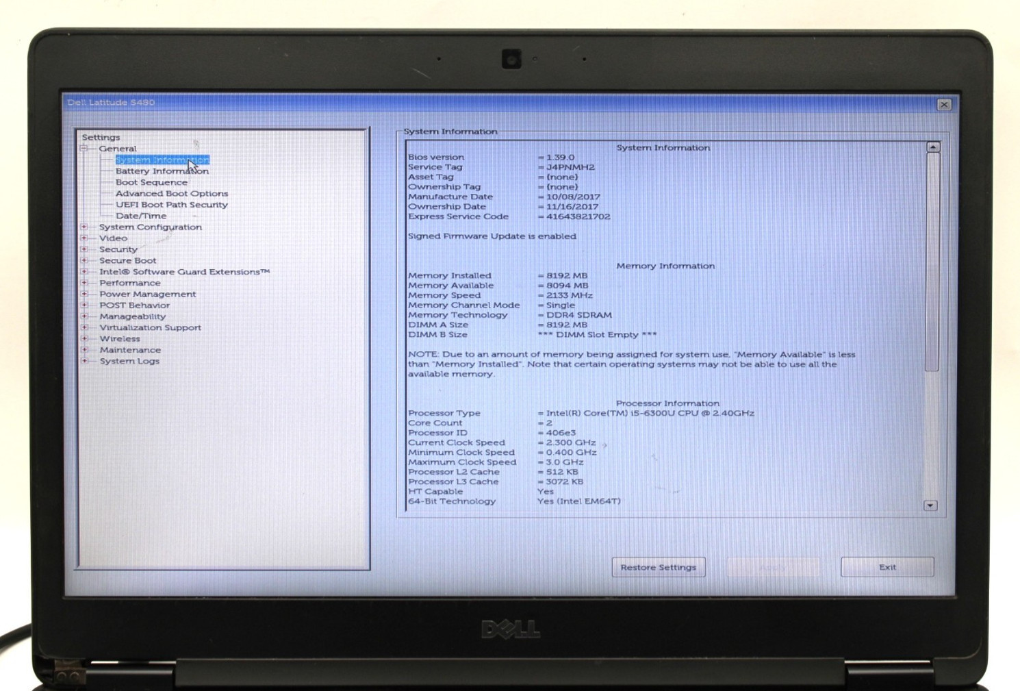 Dell Latitude 5480 i5-6300U@2.4GHz 8GB DDR4 NO STORAGE OR OS *USED/TESTED*