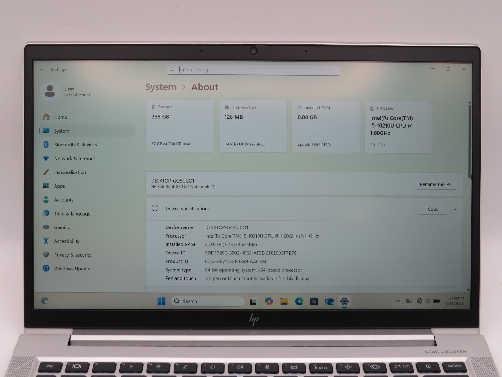 HP Elitebook 830 G7 | i5-10210U @ 1.6GHz | 8GB DDR4 | 256GB m2 | 13″ | Win 11