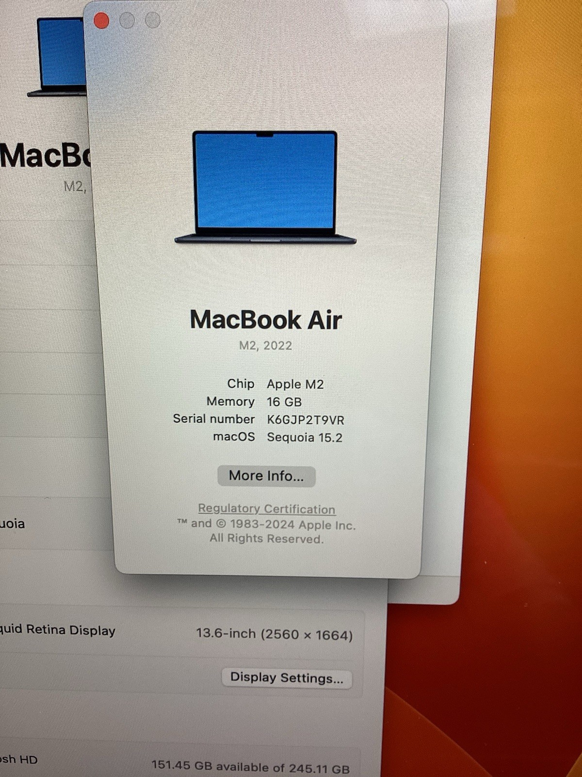 Apple Macbook Air 13.6″M2 Midnight 256GB SSD 16GB,100% battery, MC7X4LL/A, A2681