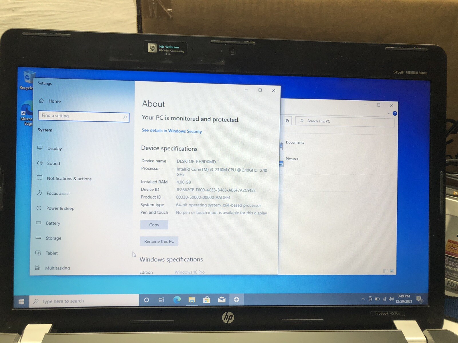 HP ProBook 4530s 15.6 Laptop Core i3-2310M 2.10 GHz 4GB 320GB HD WiFi Windows 10