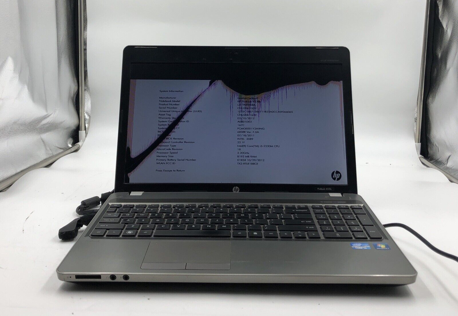 HP Probook 4530S Laptop Intel i3-2330M 2.2GHZ 8GB NO HDD/OS Cracked Screen