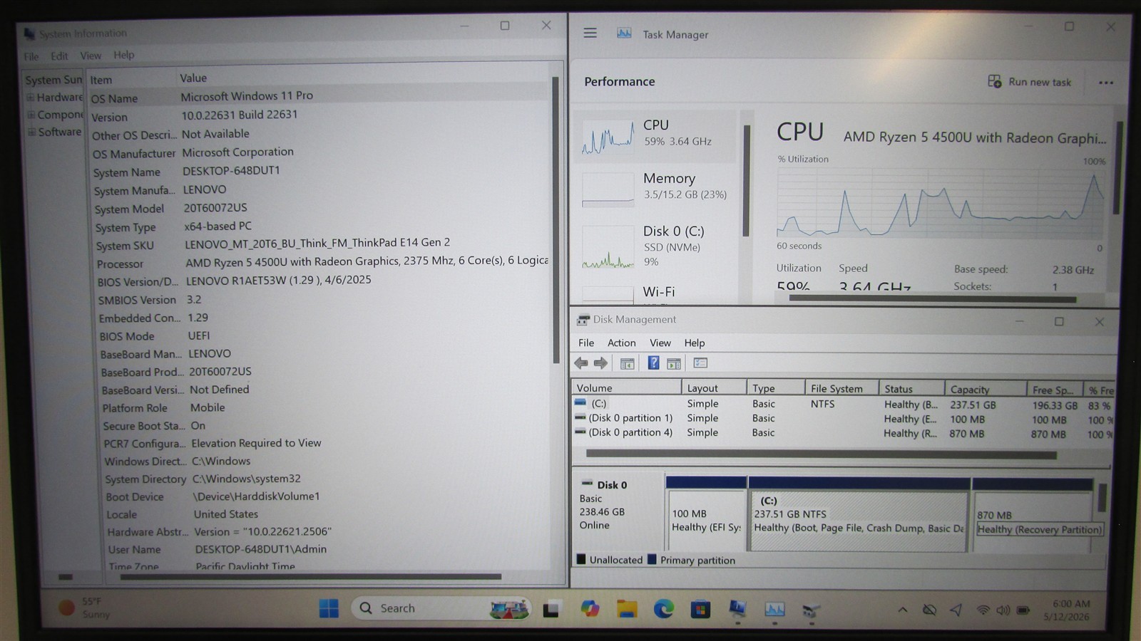 Lenovo Thinkpad E14 Gen 2 Ryzen 5 4500U 2.38GHz 16GB RAM 256GB NVME 14″ W11 Pro