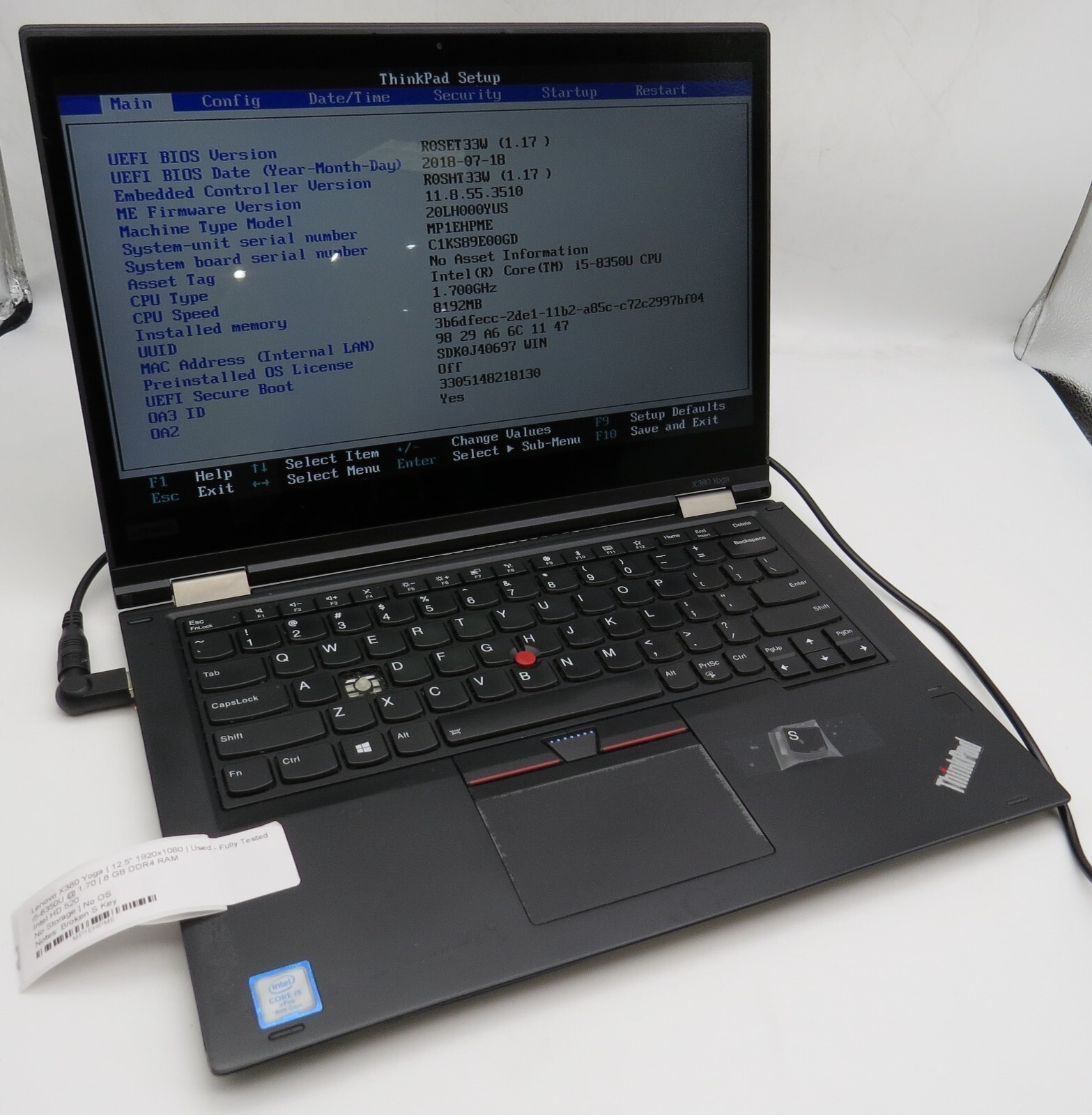 Lenovo X380 Yoga-12.5″-i5-8350U@1.70GHz-8GB DDR4 RAM-NO STRG-NO OS **READ**