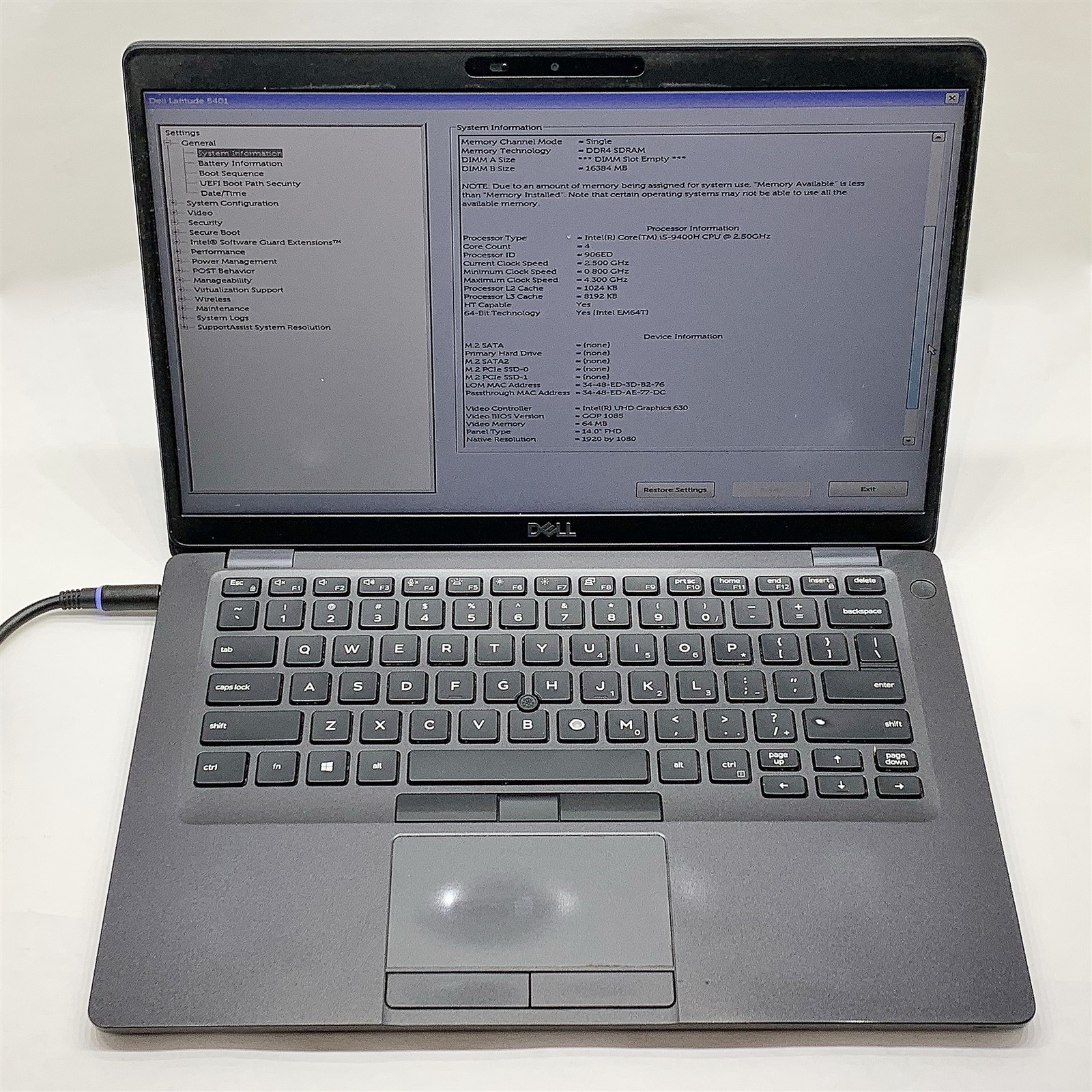 Dell Latitude 5401 Laptop Intel i5 9400H 2.50GHZ 14″ FHD 16GB RAM NO HDD/BATTERY