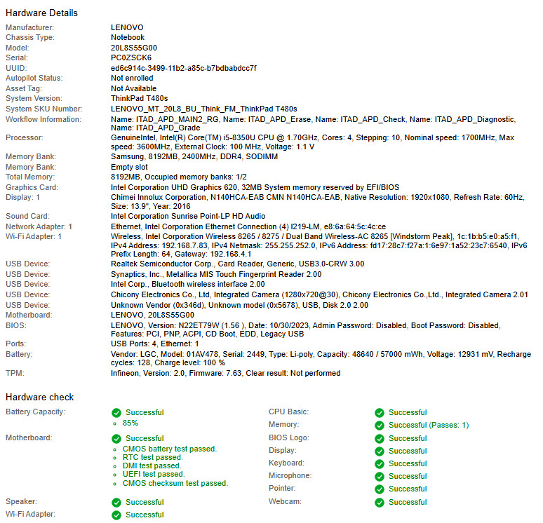Lenovo ThinkPad T480s, i5-8350U CPU, @ 1.70GHz, 8GB RAM-No HDD/OS/Charger