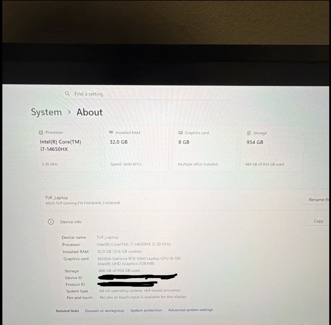 ASUS TUF Gaming F16 FX608JMR 16in i7-14650HX 32GB RTX 5060 954GB SSD
