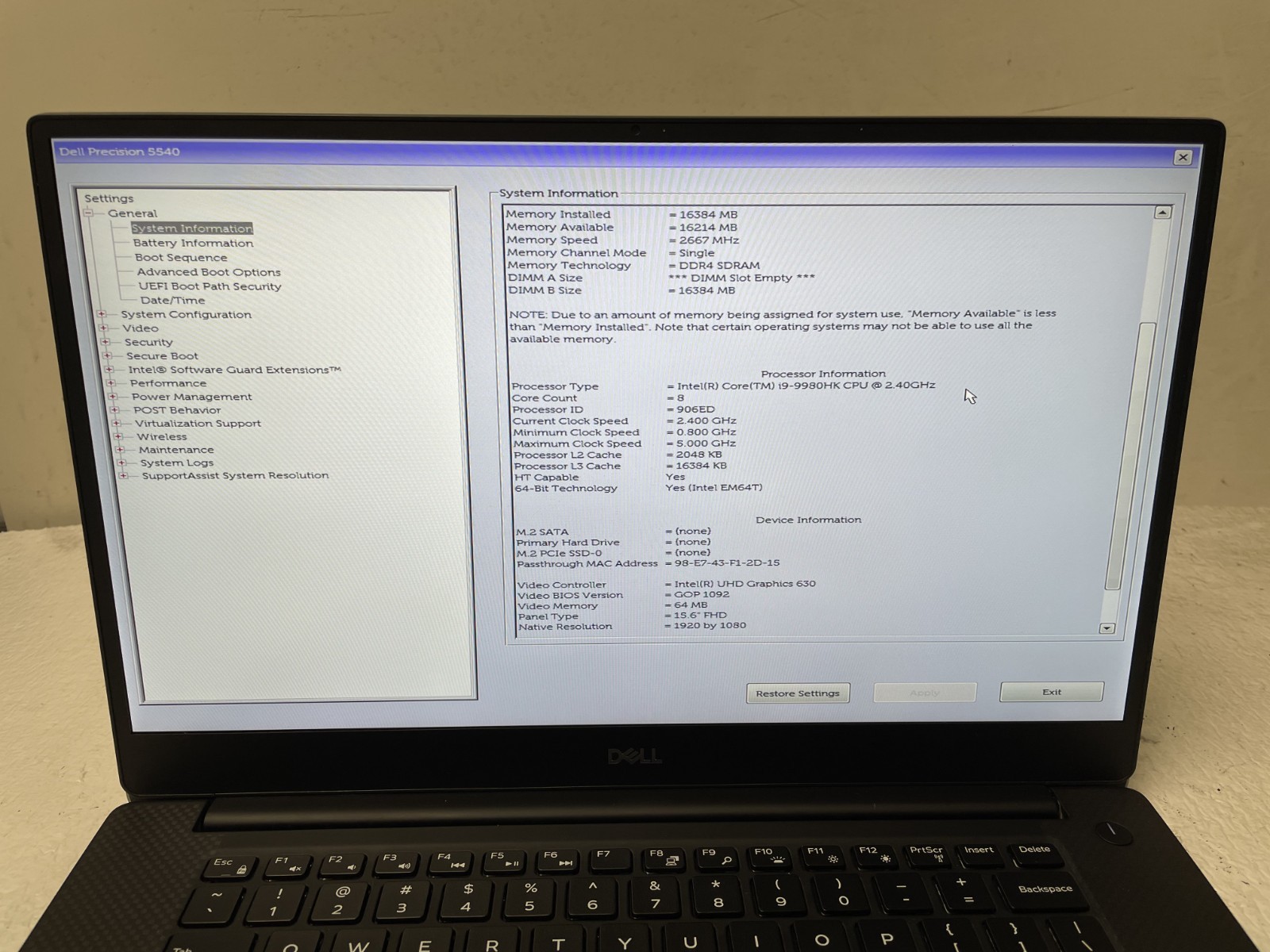 DELL Precision 5540 Intel Core i9-9980HK @2.40GHz 16GB RAM NO SSD For Parts