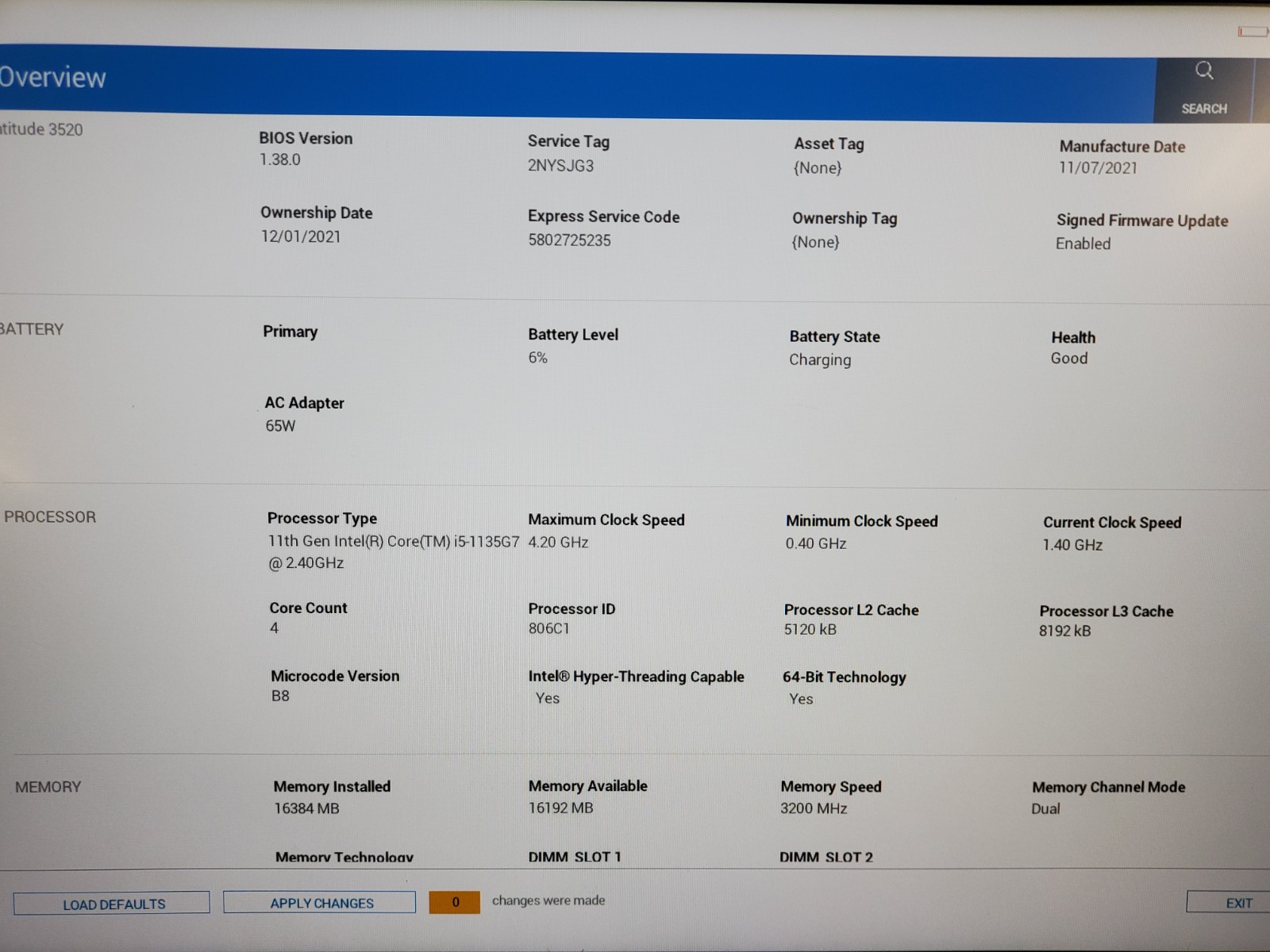 Dell Latitude 3520 i5 1135G7 2.40GHz/ NO RAM/NO SSD 1920×1080 #2855