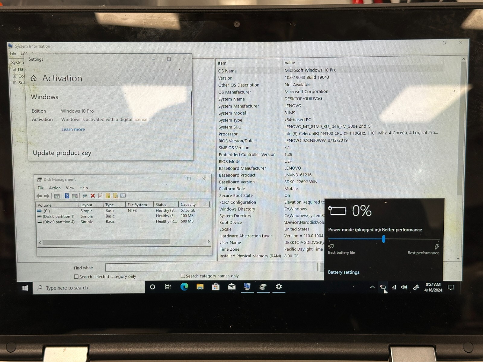 Lenovo 300e 2nd gen N4100 @ 1.1GHz, 8GB RAM, 64GB eMMC, *READ* NO BATT/AC #04