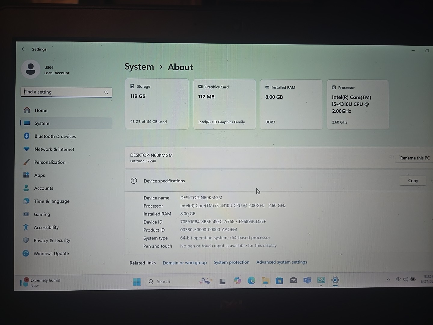Dell Latitude E7240 12.5″ Laptop Intel Core I5-4310U, 128GB SSD, 8GB RAM Wind 11