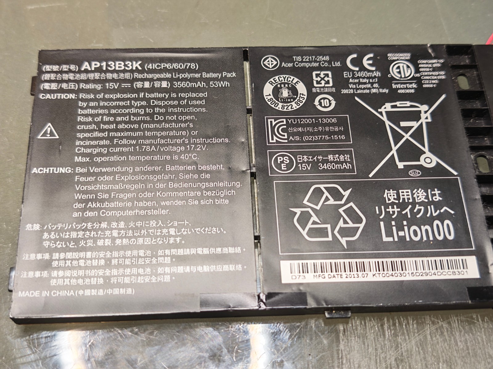 ACER BATTERY AP13B3K 15.V 3560mAh 53Wh ORIGINAL 97% #