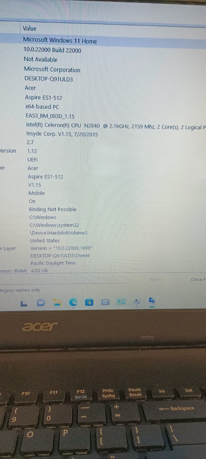 58398 Aspire ES1-512 w/AC. Celeron N2840.4GB.500GB HDD.15.6″.W11.Nice!