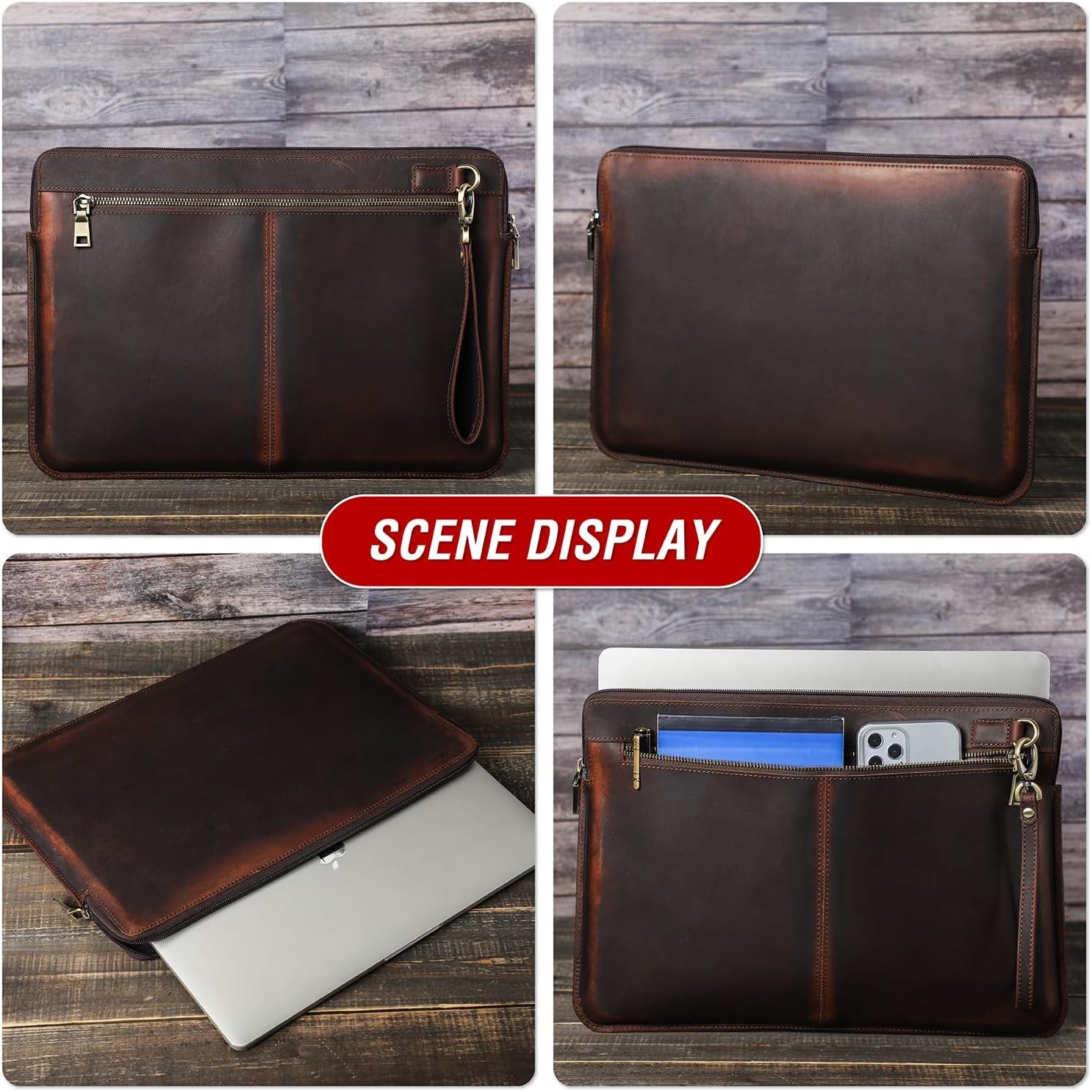 Top Grain Leather 15.4″ Slim Laptop Sleeve Case Bag, Vintage Design with 2 Zip P