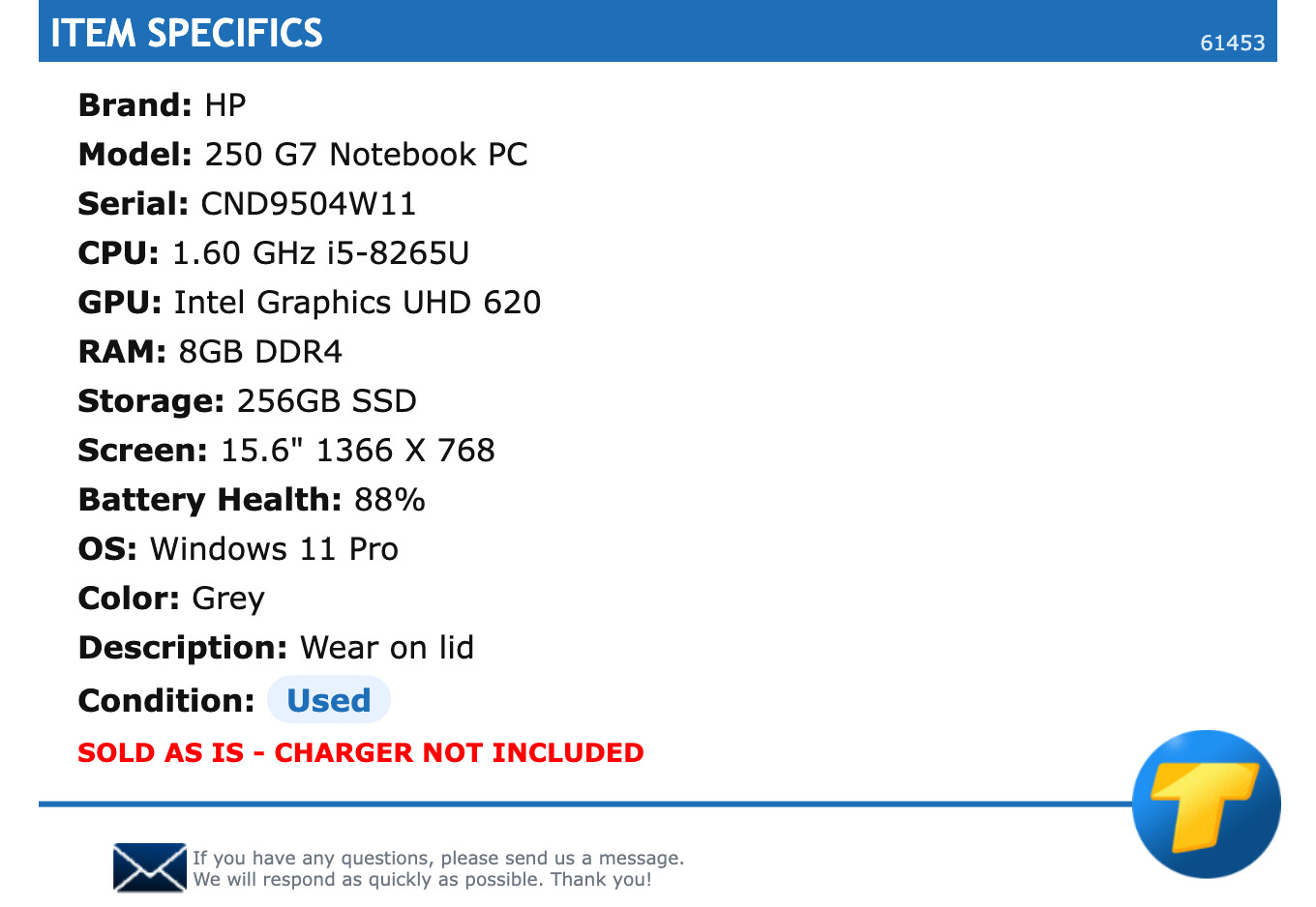 HP 250 G7 Notebook PC – 15.6″ HD, 1.60GHz i5, 8GB RAM, 256GB SSD, Windows 11 Pro