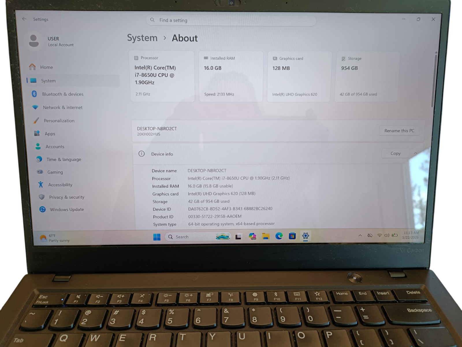 Lenovo ThinkPad X1 Carbon Gen 6 sku6691 14″ i7-8650U 1.90GHz 16GB 512GB Win11